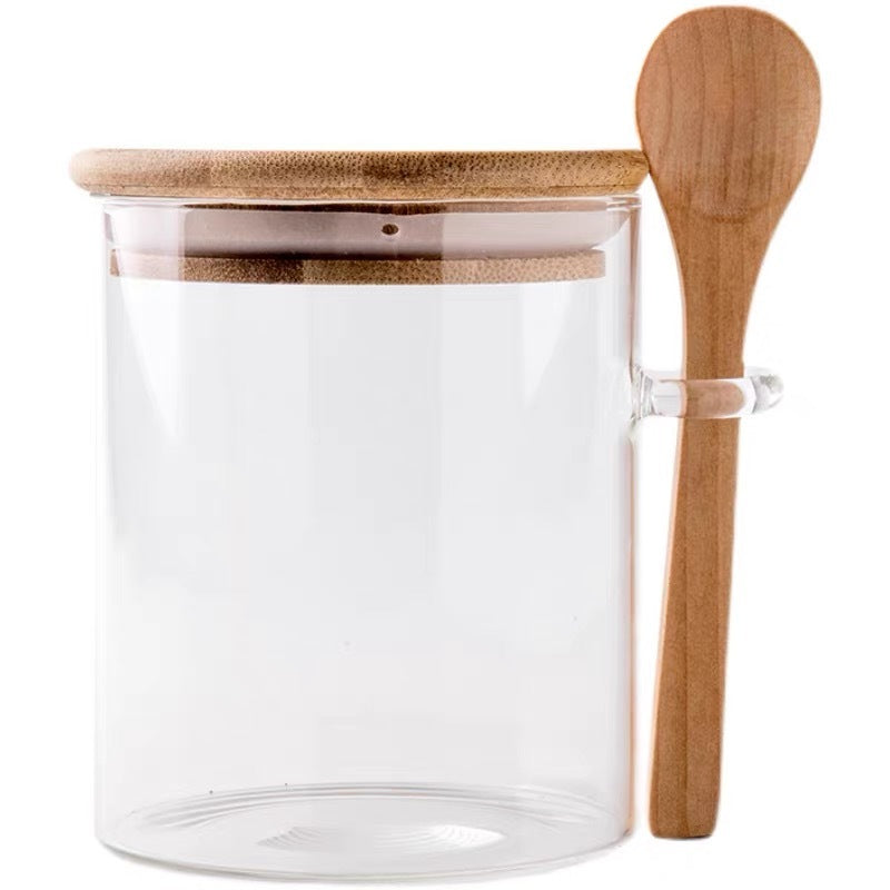Pote De Vidro Redondo Tampa Bambu Hermético Com Colher 450ml/550ML/650ML