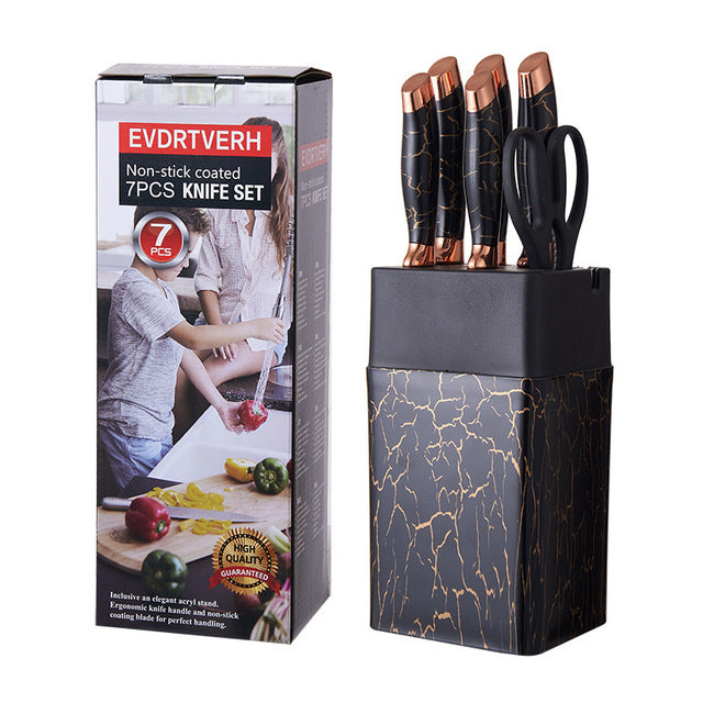 7 peças de facas Anti-aderente Marmorizadas Descascador Tesoura Profissional Cozinha- Faqueiro Gourmet Faca de Churrasco