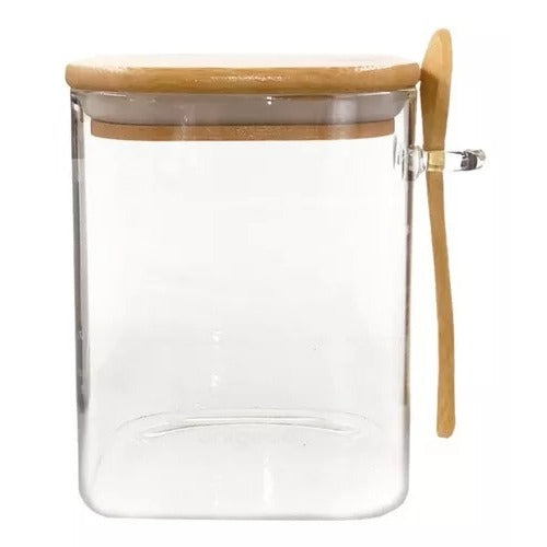 Pote De Vidro Redondo Tampa Bambu Hermético Com Colher 450ml/550ML/650ML