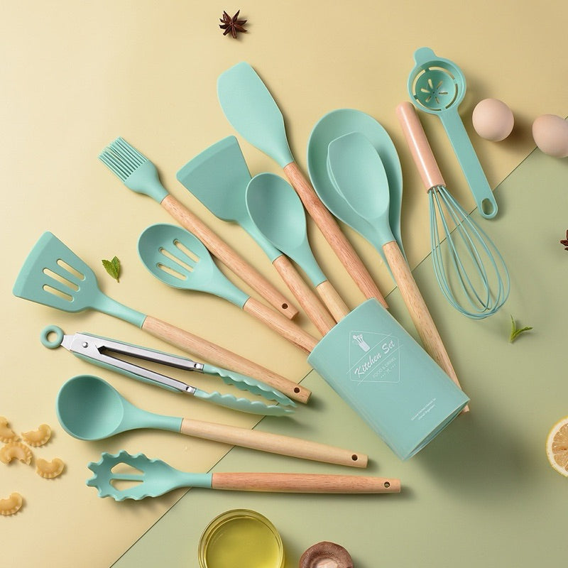 Kit com 12 Peças de Silicone, Utensílios e Copo Suporte para Cozinha Cabo de Madeira