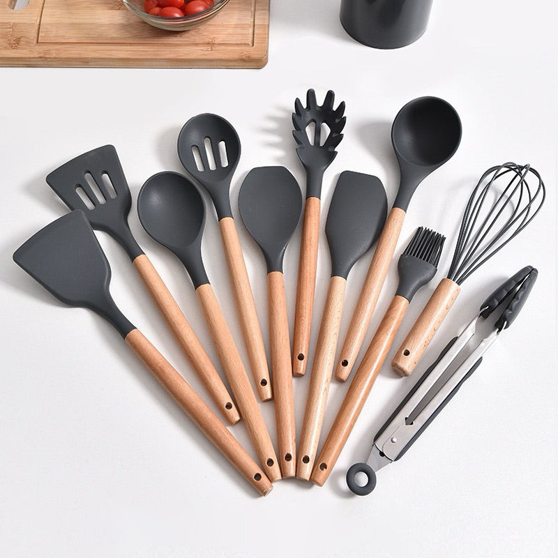 Kit com 12 Peças de Silicone, Utensílios e Copo Suporte para Cozinha Cabo de Madeira