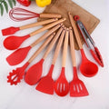 Kit com 12 Peças de Silicone, Utensílios e Copo Suporte para Cozinha Cabo de Madeira