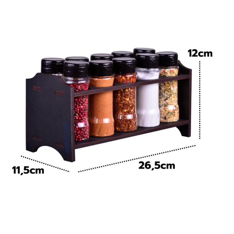 Kit Porta Tempero de Madeira + 10 Potes de Tempero Plástico 130ml Tampa Dosadora Dupla + Etiquetas
