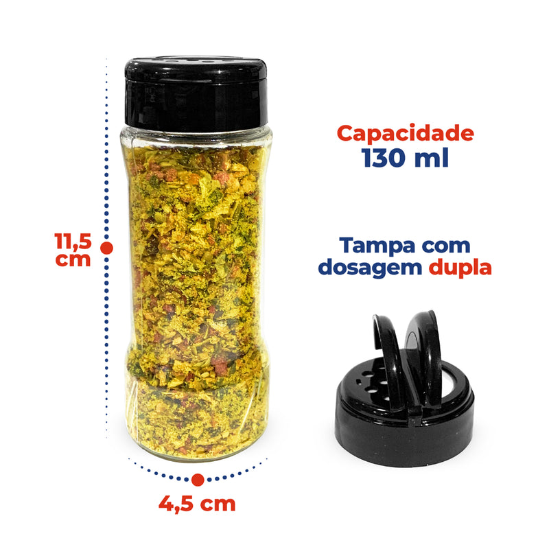 Kit Porta Tempero de Madeira + 10 Potes de Tempero Plástico 130ml Tampa Dosadora Dupla + Etiquetas
