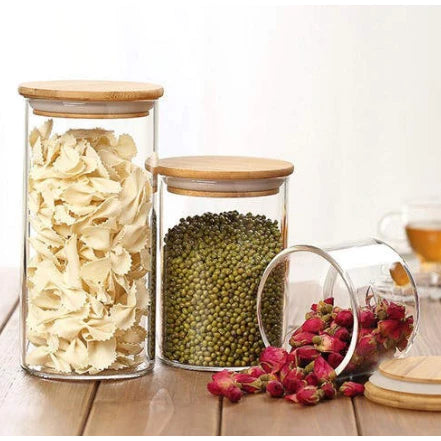 Kit 3 Potes De Vidro para Mantimentos com Tampa Bambu 300ml 400ml 500ml
