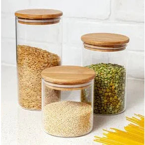 Kit 3 Potes De Vidro para Mantimentos com Tampa Bambu 300ml 400ml 500ml