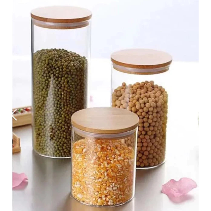 Kit 3 Potes De Vidro para Mantimentos com Tampa Bambu 300ml 400ml 500ml