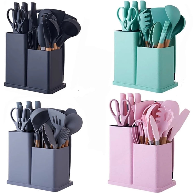 Jogo 19 peças de Talheres Conjunto Faqueiro Utensílios Cozinha em Silicone