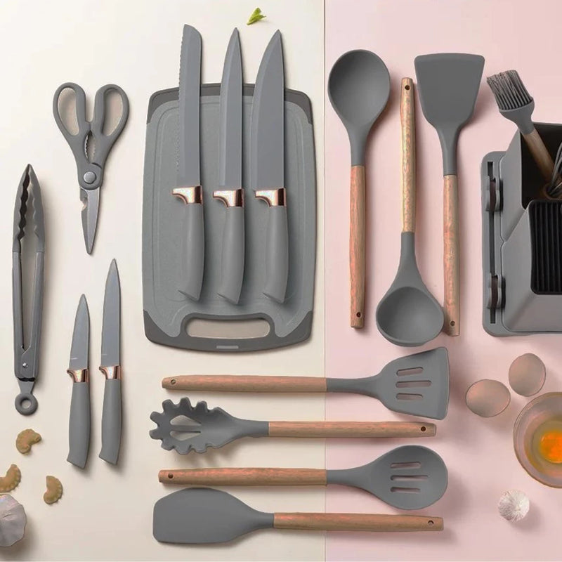 Jogo 19 peças de Talheres Conjunto Faqueiro Utensílios Cozinha em Silicone