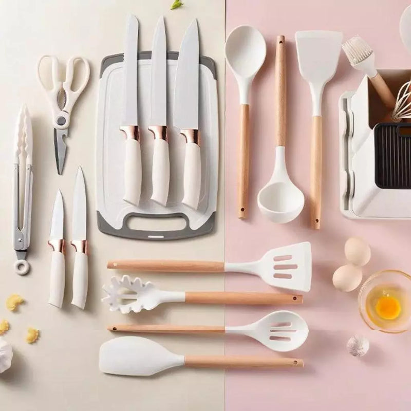 Jogo 19 peças de Talheres Conjunto Faqueiro Utensílios Cozinha em Silicone