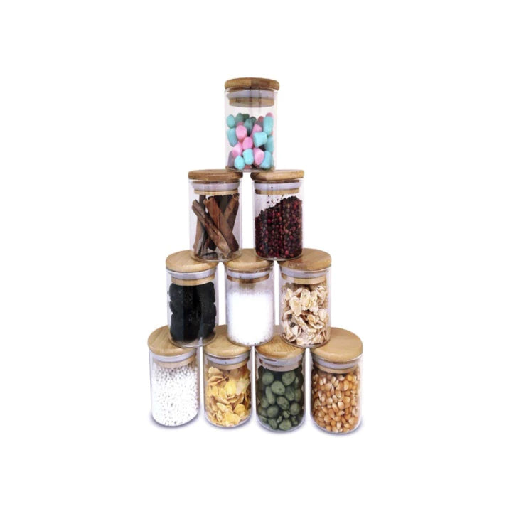 Kit 10 Potes herméticos Vidro para mantimentos 200ml com tampa de Bambu