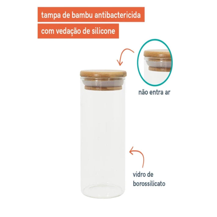 Kit 10 Potes herméticos Vidro para mantimentos 200ml com tampa de Bambu