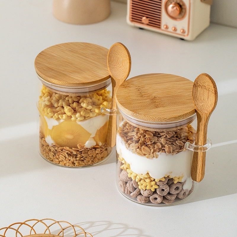 Pote De Vidro Redondo Tampa Bambu Hermético Com Colher 450ml/550ML/650ML