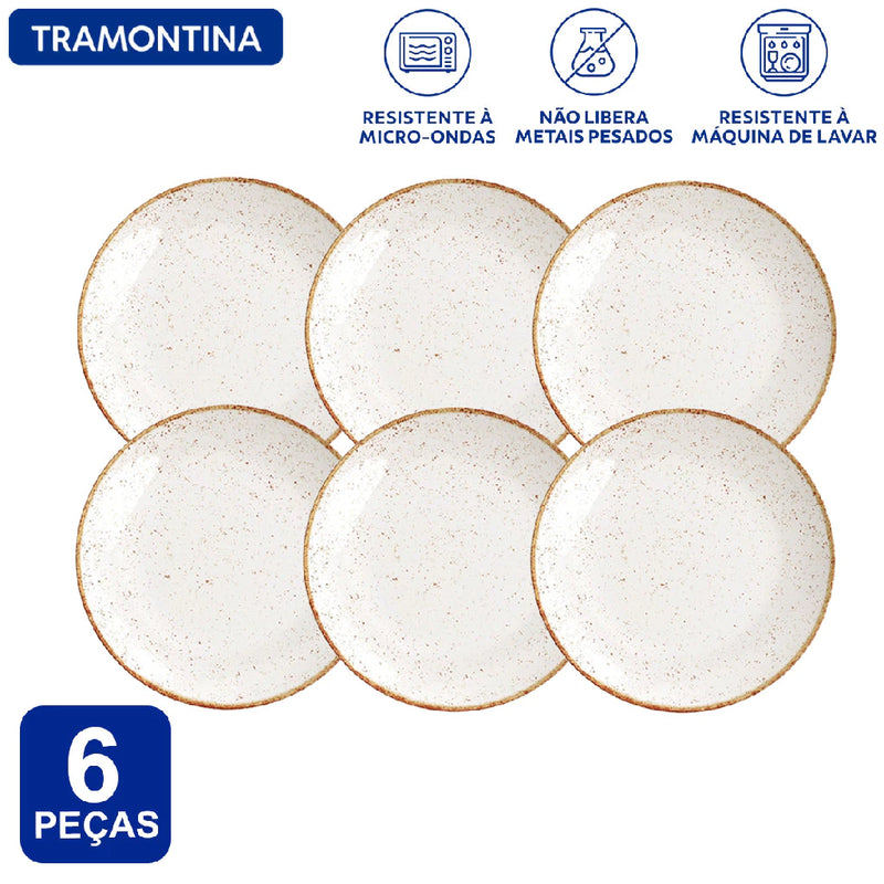Kit 6 peças Jogo de jantar Pratos Rasos Tramontina Rústico Marrom Porcelana Decorada