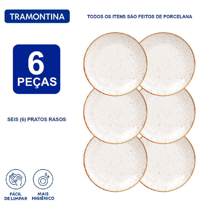Kit 6 peças Jogo de jantar Pratos Rasos Tramontina Rústico Marrom Porcelana Decorada