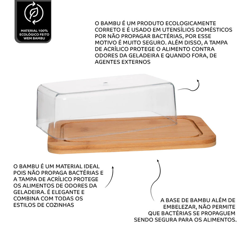 Porta Manteiga Frios De Bambu Ecologico Resistente Com Tampa Acrílica